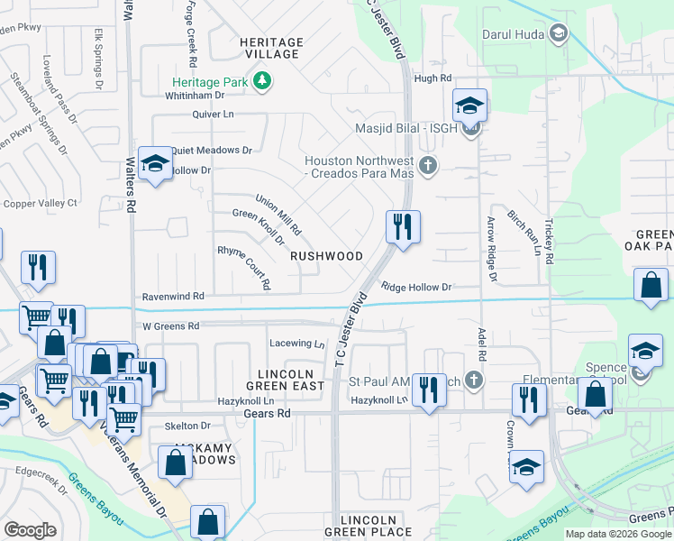 map of restaurants, bars, coffee shops, grocery stores, and more near 2110 Union Mill Road in Houston