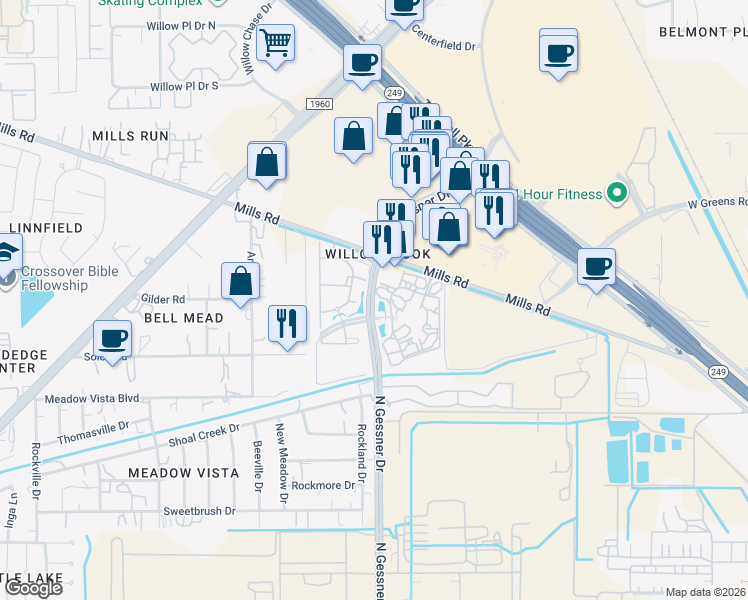 map of restaurants, bars, coffee shops, grocery stores, and more near 8255 Mills Road in Houston