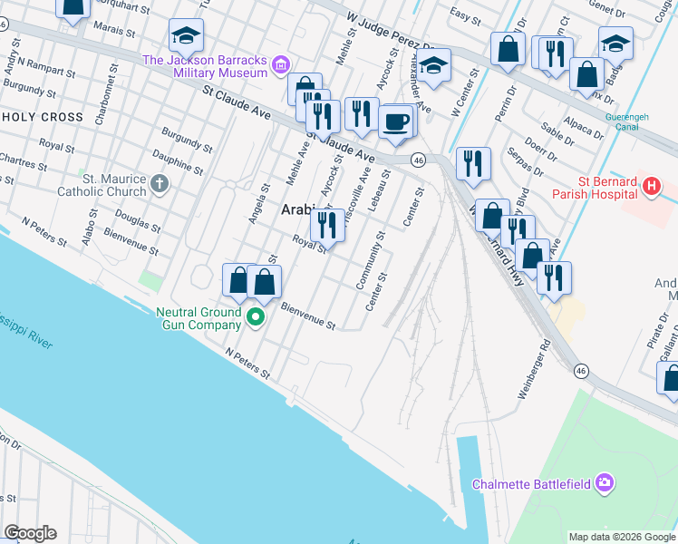 map of restaurants, bars, coffee shops, grocery stores, and more near 625 Lebeau Street in Arabi