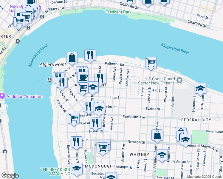 map of restaurants, bars, coffee shops, grocery stores, and more near 407 Elmira Avenue in New Orleans