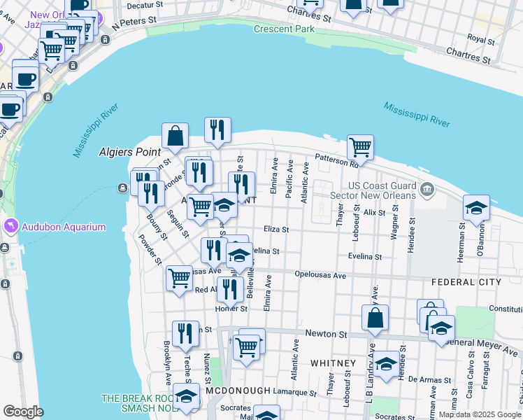 map of restaurants, bars, coffee shops, grocery stores, and more near 813 Alix Street in New Orleans