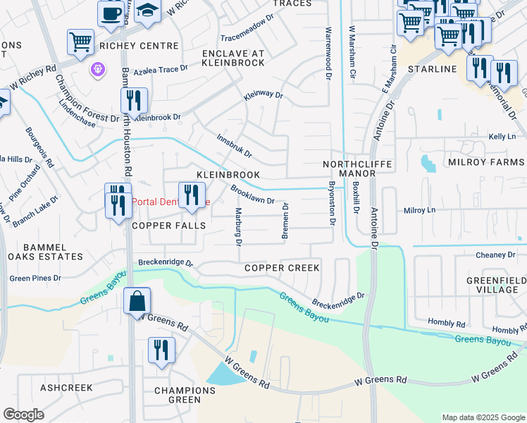 map of restaurants, bars, coffee shops, grocery stores, and more near 4726 Silver Frost Drive in Houston