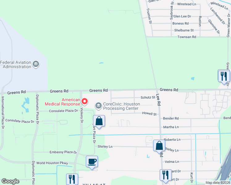 map of restaurants, bars, coffee shops, grocery stores, and more near 5610 Greens Road in Houston