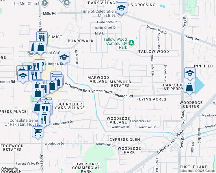 map of restaurants, bars, coffee shops, grocery stores, and more near 10306 Lark Ridge in Houston