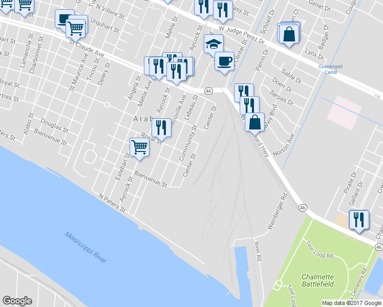 map of restaurants, bars, coffee shops, grocery stores, and more near 518 Center Street in Arabi