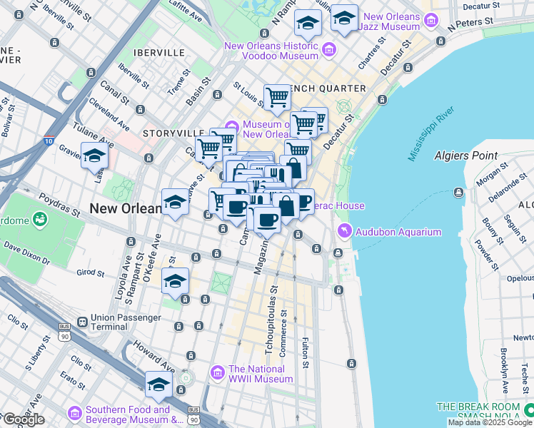 map of restaurants, bars, coffee shops, grocery stores, and more near 490 Canal Street in New Orleans