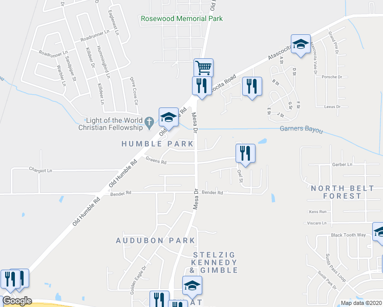 map of restaurants, bars, coffee shops, grocery stores, and more near 8026 Scarlet Tanager Drive in Humble