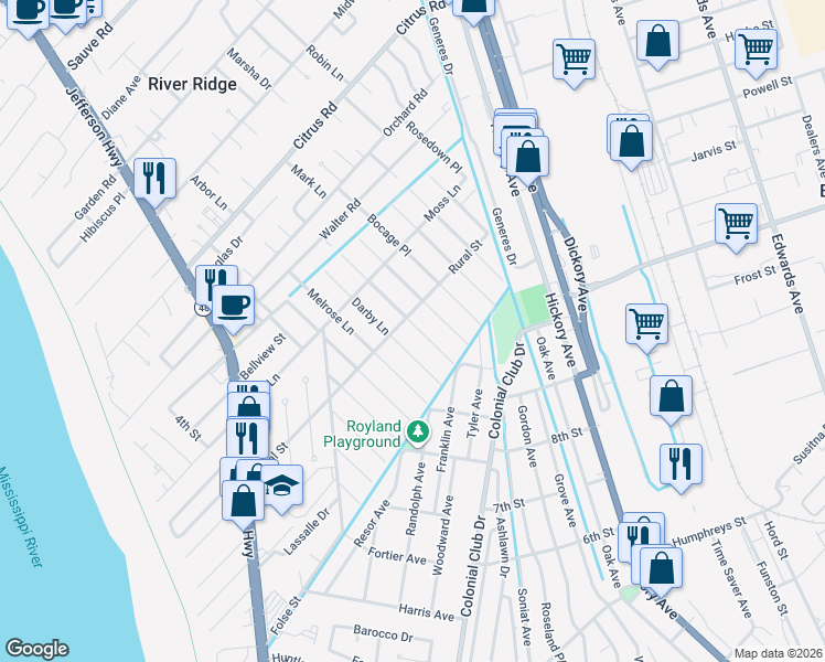 map of restaurants, bars, coffee shops, grocery stores, and more near 8812 Hermitage Place in River Ridge