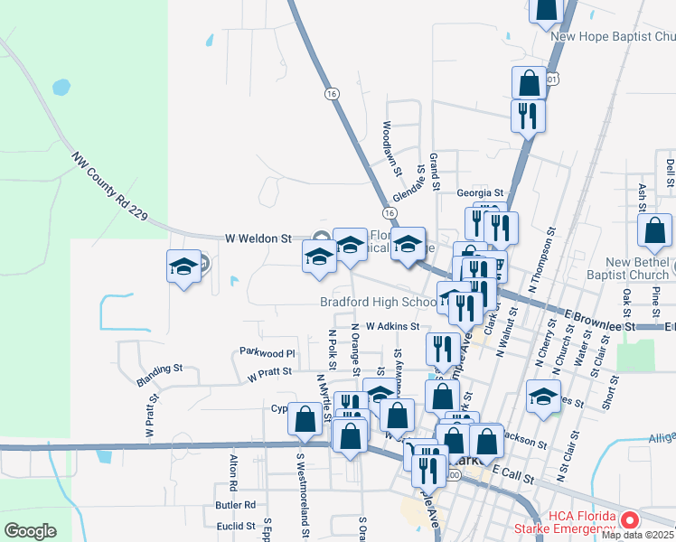 map of restaurants, bars, coffee shops, grocery stores, and more near 609 North Orange Street in Starke