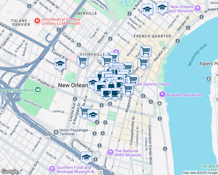 map of restaurants, bars, coffee shops, grocery stores, and more near 707 Gravier Street in New Orleans
