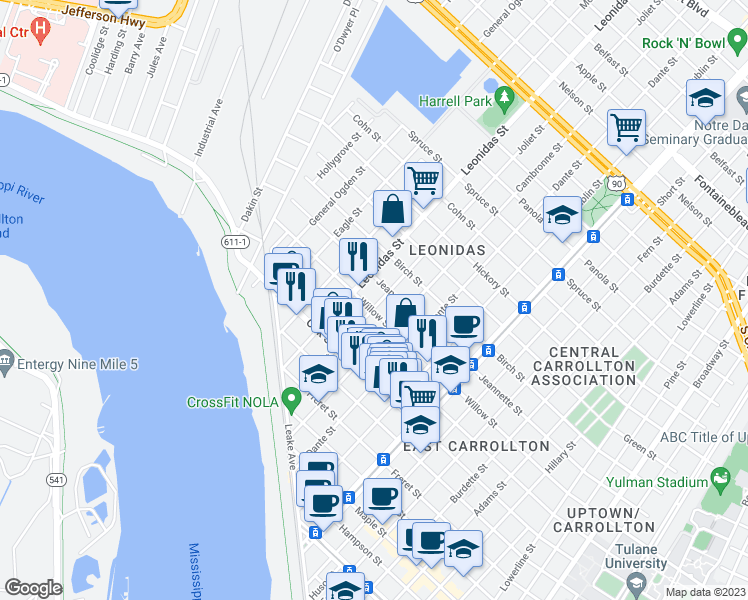 map of restaurants, bars, coffee shops, grocery stores, and more near 1410 Joliet Street in New Orleans