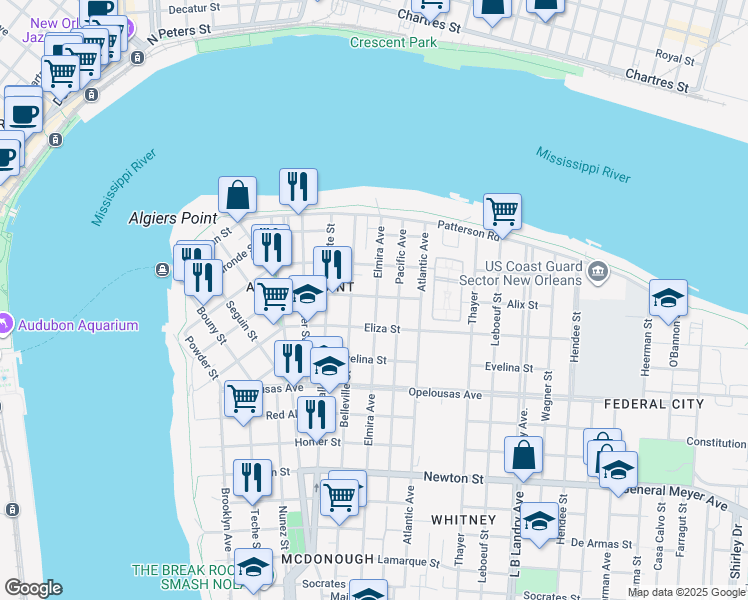 map of restaurants, bars, coffee shops, grocery stores, and more near 400 Elmira Avenue in New Orleans