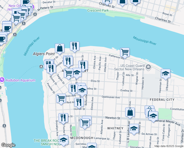 map of restaurants, bars, coffee shops, grocery stores, and more near 400 Elmira Avenue in New Orleans