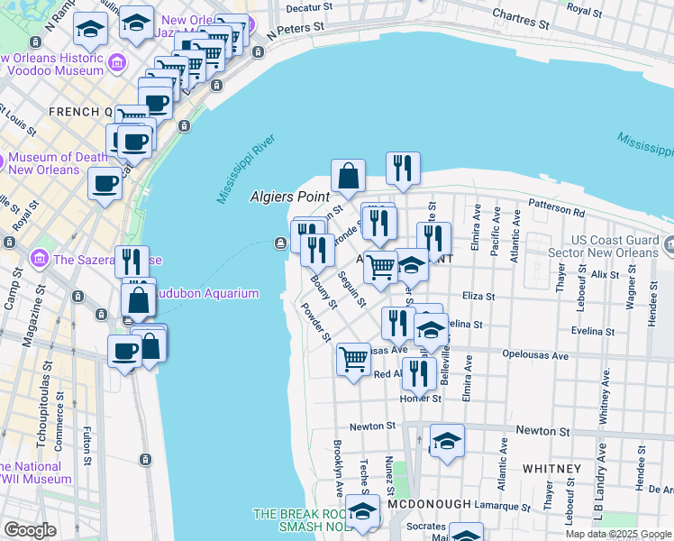 map of restaurants, bars, coffee shops, grocery stores, and more near 319 Seguin Street in New Orleans