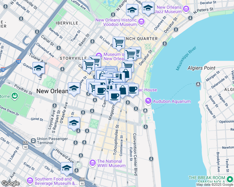 map of restaurants, bars, coffee shops, grocery stores, and more near 490 Canal Street in New Orleans