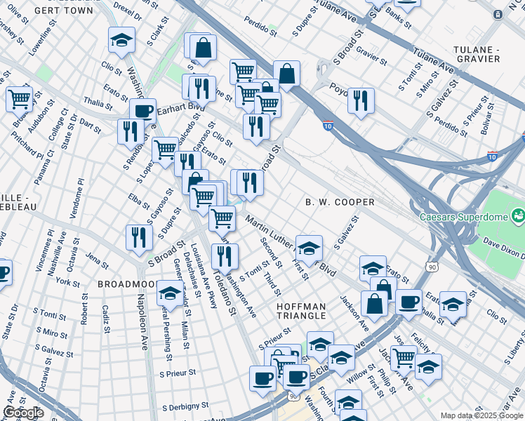 map of restaurants, bars, coffee shops, grocery stores, and more near 3940 Thalia Street in New Orleans