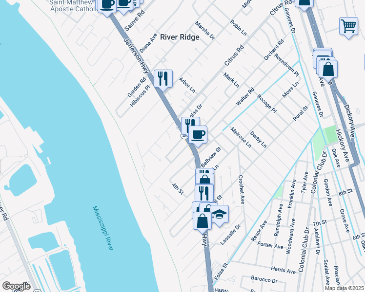 map of restaurants, bars, coffee shops, grocery stores, and more near 142 Riverbend Drive in River Ridge