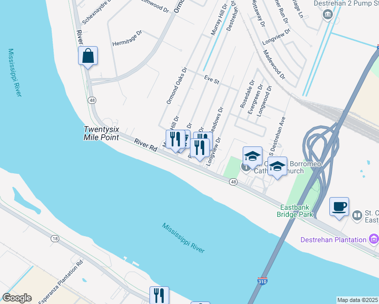 map of restaurants, bars, coffee shops, grocery stores, and more near 205 River Oaks Drive in Destrehan