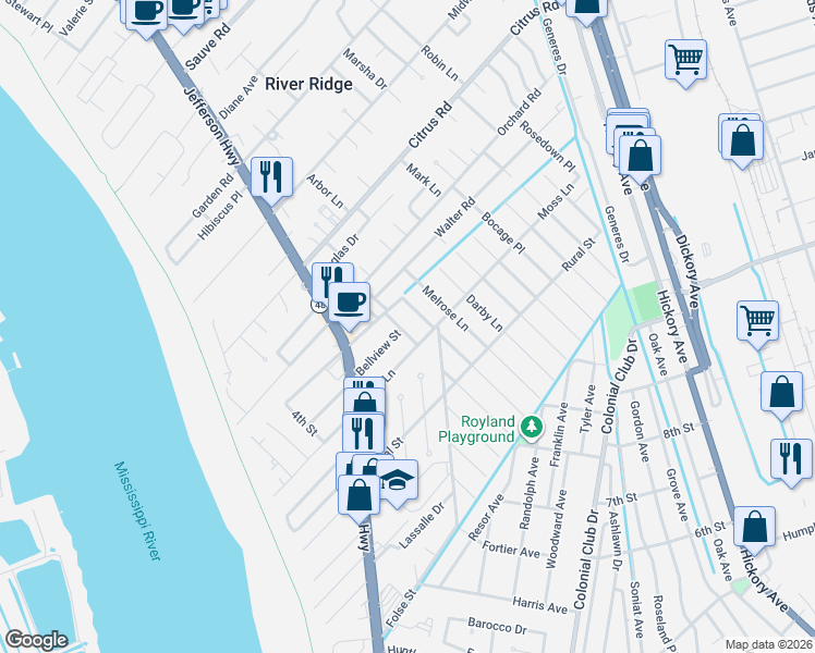 map of restaurants, bars, coffee shops, grocery stores, and more near 9120 Rosecrest Lane in River Ridge