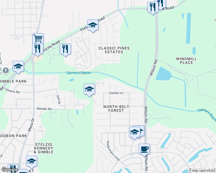 map of restaurants, bars, coffee shops, grocery stores, and more near 9115 Salina Lane in Humble