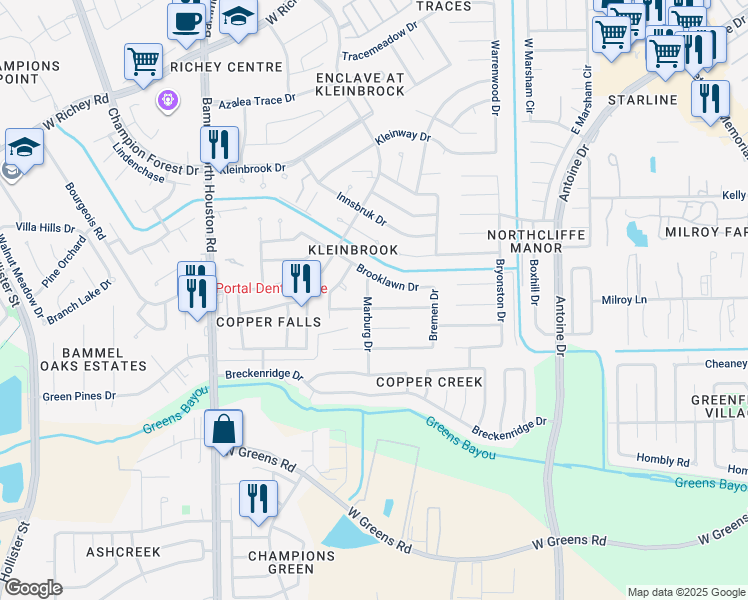 map of restaurants, bars, coffee shops, grocery stores, and more near 11906 Marburg Drive in Houston