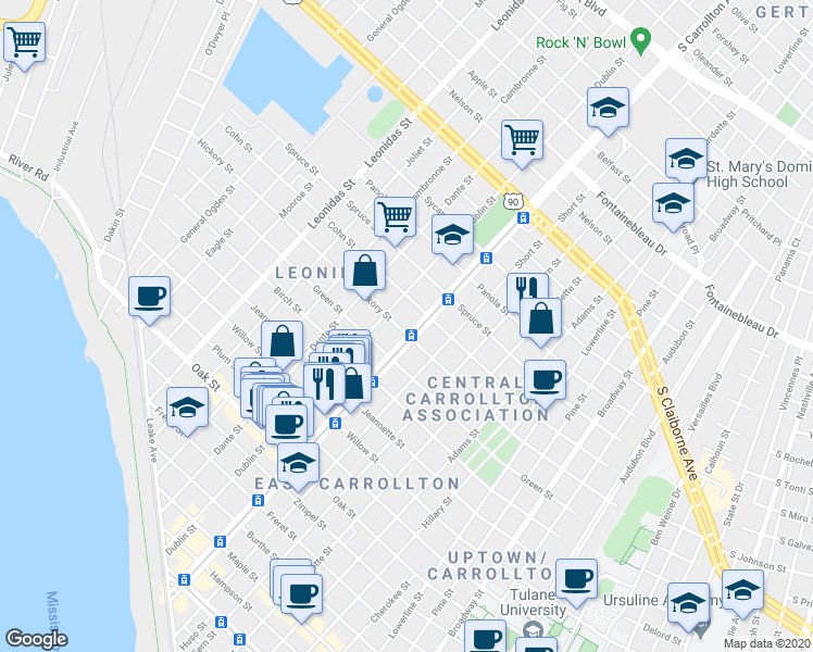 map of restaurants, bars, coffee shops, grocery stores, and more near 1806 South Carrollton Avenue in New Orleans