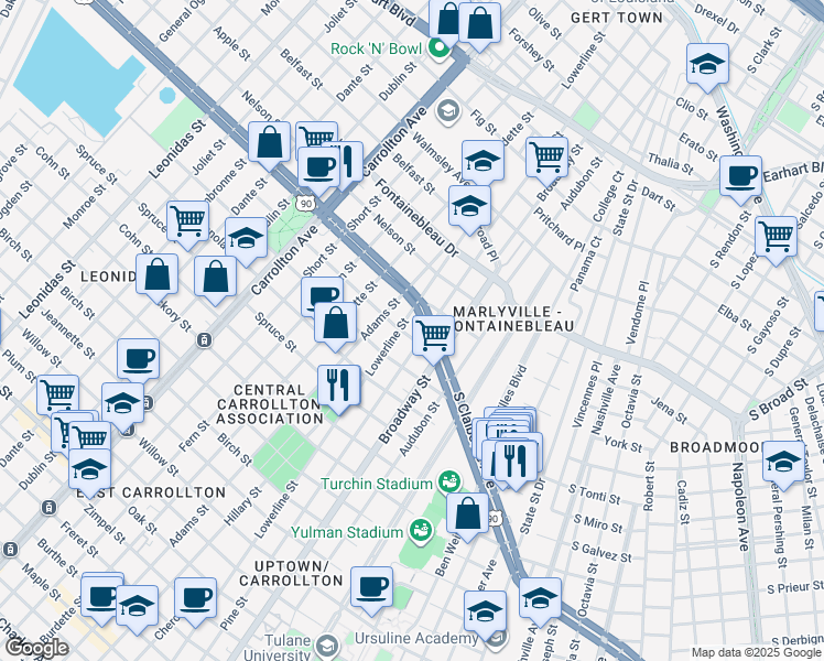 map of restaurants, bars, coffee shops, grocery stores, and more near 75 Neron Place in New Orleans