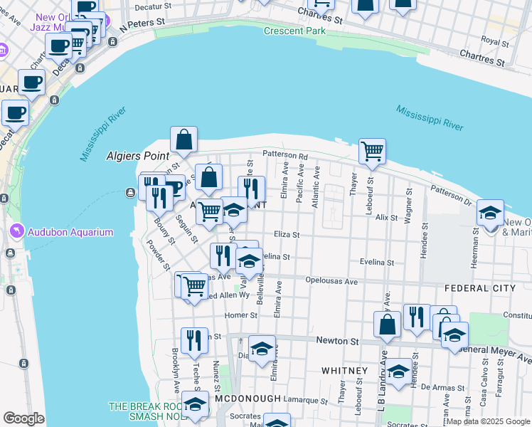 map of restaurants, bars, coffee shops, grocery stores, and more near 400 Belleville Street in New Orleans