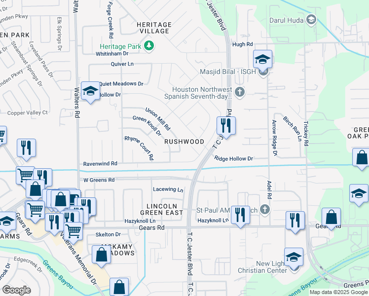 map of restaurants, bars, coffee shops, grocery stores, and more near 2110 Union Mill Road in Houston