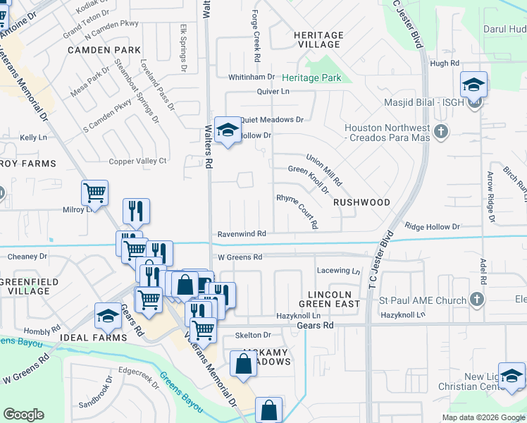 map of restaurants, bars, coffee shops, grocery stores, and more near 11526 New Vista Ln in Houston