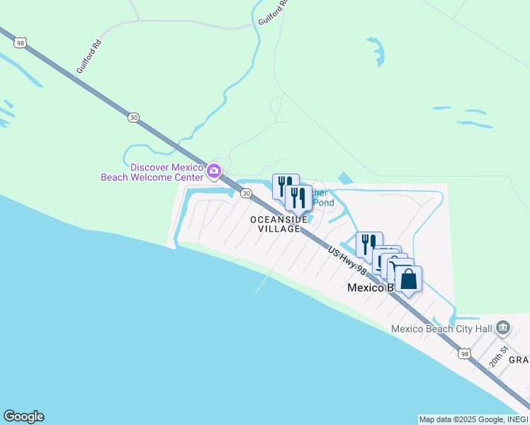 map of restaurants, bars, coffee shops, grocery stores, and more near 101 South 40th Street in Mexico Beach