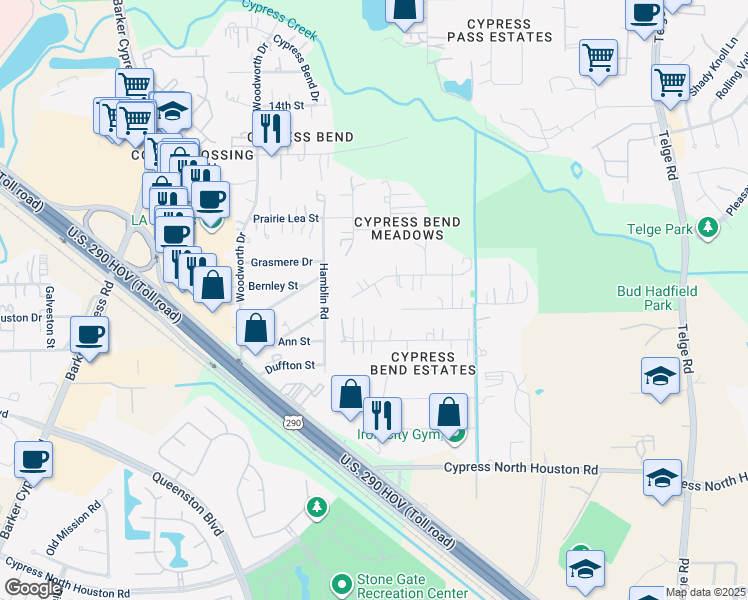 map of restaurants, bars, coffee shops, grocery stores, and more near 12111 Sandy Court in Cypress