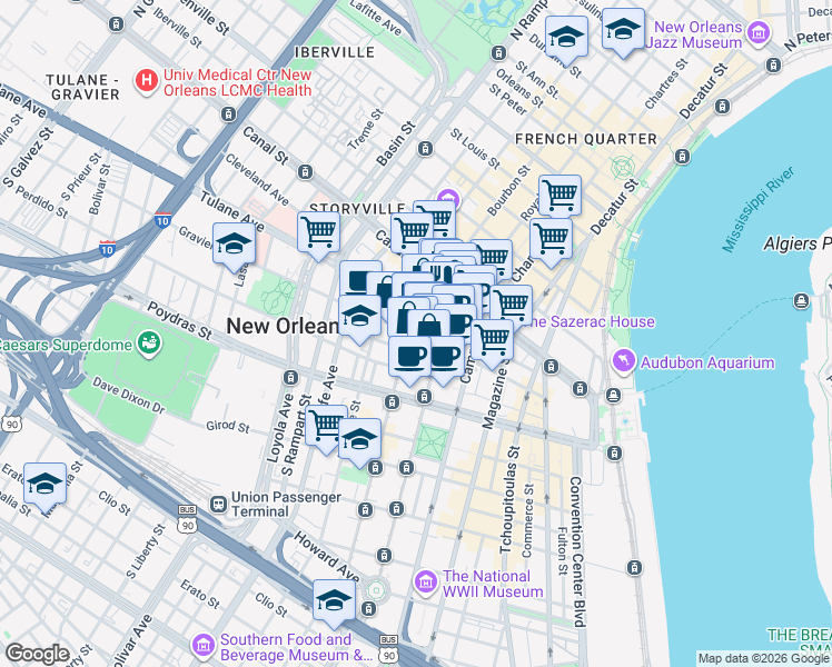 map of restaurants, bars, coffee shops, grocery stores, and more near in New Orleans