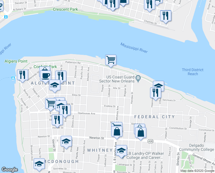 map of restaurants, bars, coffee shops, grocery stores, and more near 347 Leboeuf Street in New Orleans