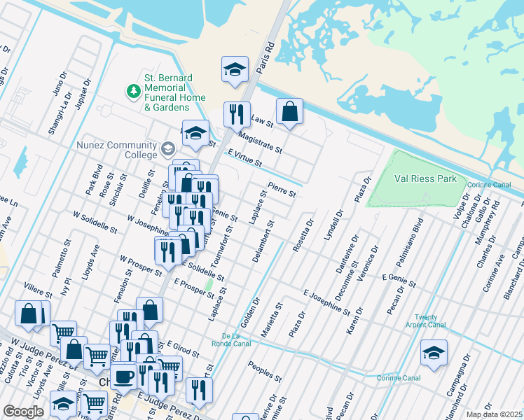 map of restaurants, bars, coffee shops, grocery stores, and more near 404 East Liberaux Street in Chalmette