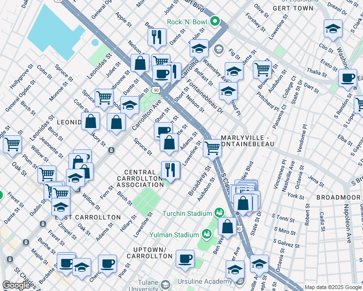 map of restaurants, bars, coffee shops, grocery stores, and more near 2215 Adams Street in New Orleans