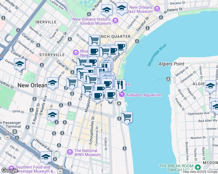 map of restaurants, bars, coffee shops, grocery stores, and more near 111 Iberville Street in New Orleans