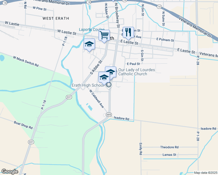 map of restaurants, bars, coffee shops, grocery stores, and more near 808 South Broadway Street in Erath
