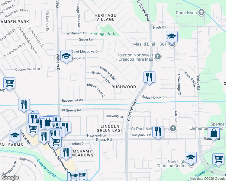 map of restaurants, bars, coffee shops, grocery stores, and more near 2107 Green Knoll Drive in Houston