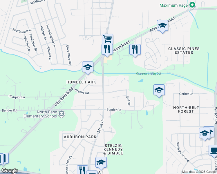 map of restaurants, bars, coffee shops, grocery stores, and more near 8126 Scarlet Tanager Drive in Humble