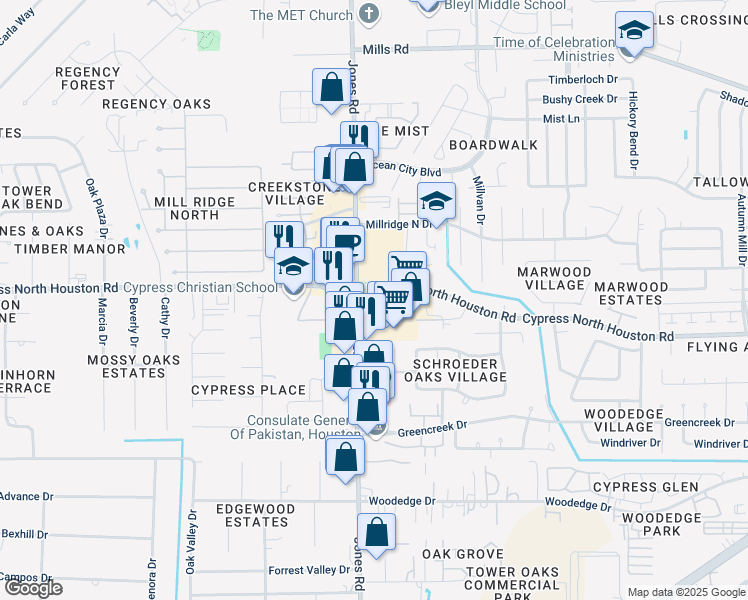 map of restaurants, bars, coffee shops, grocery stores, and more near 12234 Jones Road in Houston