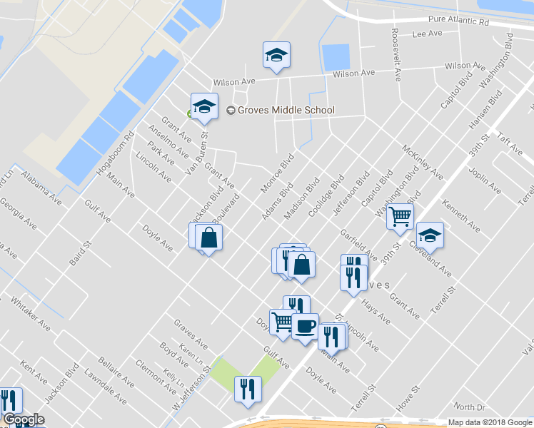 map of restaurants, bars, coffee shops, grocery stores, and more near 6301 Adams Boulevard in Groves
