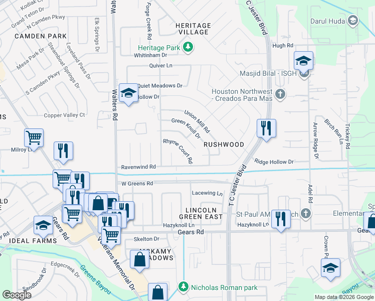 map of restaurants, bars, coffee shops, grocery stores, and more near 2302 Rhyme Court Road in Houston