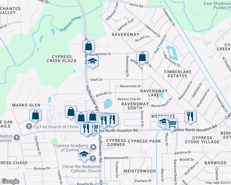 map of restaurants, bars, coffee shops, grocery stores, and more near Birdcall Lane in Cypress