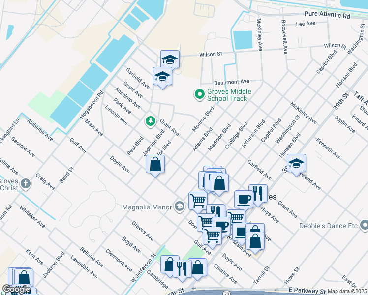 map of restaurants, bars, coffee shops, grocery stores, and more near 6270 Monroe Boulevard in Groves
