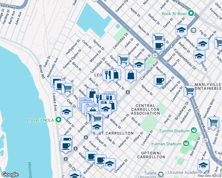 map of restaurants, bars, coffee shops, grocery stores, and more near 8230 Green Street in New Orleans