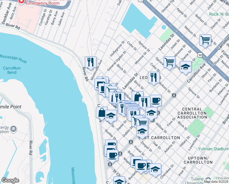 map of restaurants, bars, coffee shops, grocery stores, and more near 8623 Plum Street in New Orleans