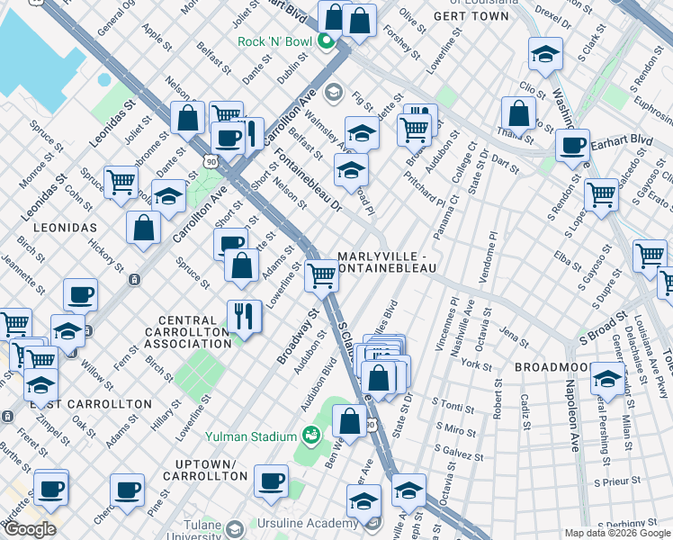 map of restaurants, bars, coffee shops, grocery stores, and more near 2321 Broadway Street in New Orleans