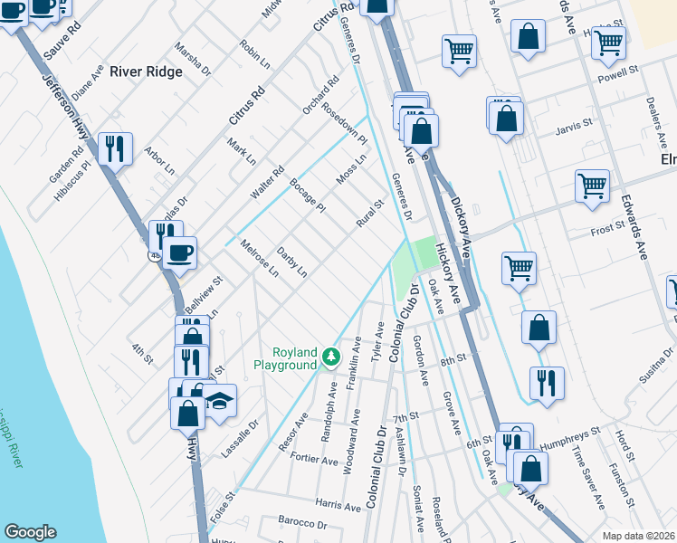 map of restaurants, bars, coffee shops, grocery stores, and more near 8812 Hermitage Place in River Ridge