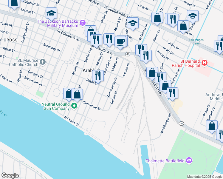 map of restaurants, bars, coffee shops, grocery stores, and more near 518 Center Street in Arabi